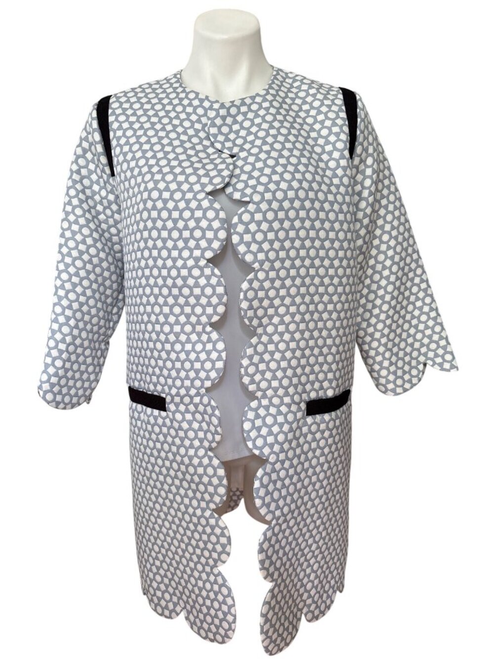 English Factory Women's Scalloped Hem Blue & White Geometric Jacket Size M